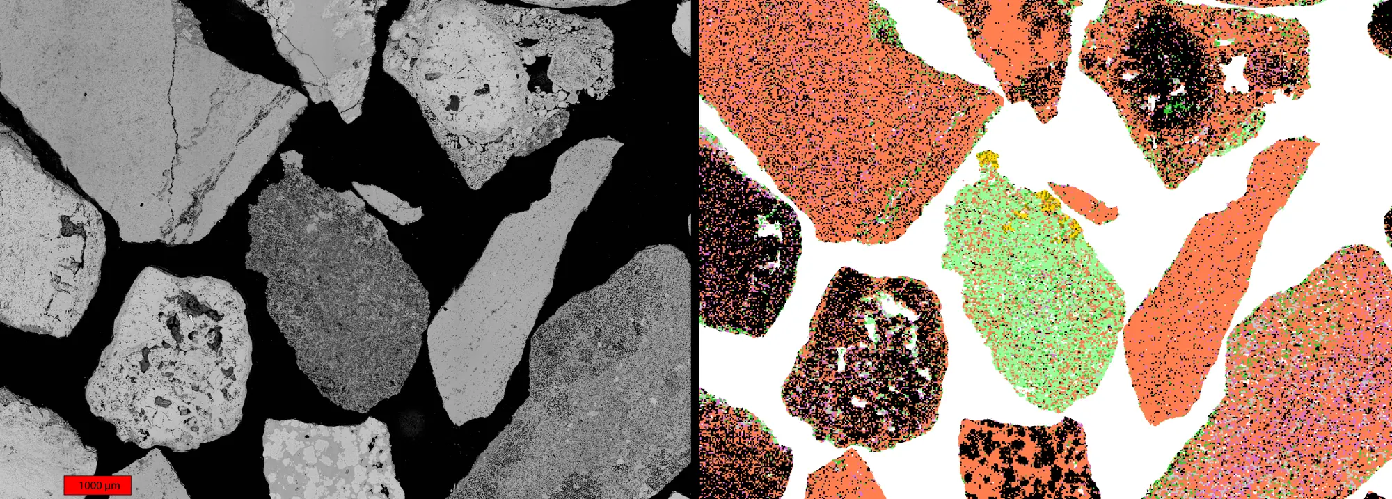 Particles as a BSE image on the left and as an AMICS classified map on the right